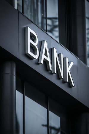 A contemporary bank building features a sleek exterior with prominent signage. The structure stands against a backdrop of overcast skies, highlighting its modern appeal.の素材