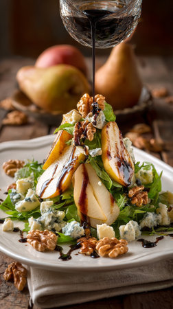 Fresh pear slices are artistically arranged on a bed of greens, topped with blue cheese, walnuts, and a rich balsamic reduction for an exquisite dish.の素材