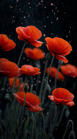 Red poppies stand tall in a gentle rain, droplets illuminating their delicate petals under soft ambient light, creating a serene and refreshing atmosphere.の素材