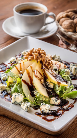 A gourmet salad features fresh greens, slices of pear, crumbled blue cheese, walnuts, and a balsamic glaze. A cup of coffee complements the dish on a rustic table.の素材