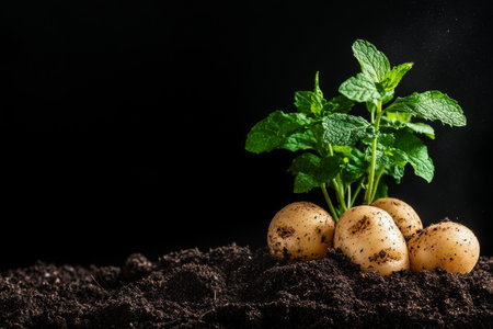 Freshly harvested potatoes sit in rich dark soil with vibrant mint leaves growing alongside them, showing the beauty of gardening and natures bounty.の素材