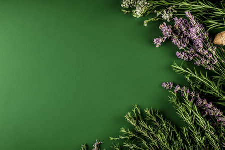 Freshly picked herbs and colorful flowers are artistically arranged on a bright green background, showing their natural beauty and diversity in texture and color.の素材