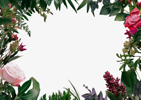 A border made of assorted flowers and lush greenery creates an inviting setting for text. Soft pinks and deep greens combine to enhance the designs natural beauty.の素材