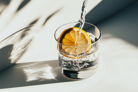 Clear glass filled with sparkling water and a slice of lemon is positioned on a bright surface. Water is being poured, creating bubbles and reflections in sunlight.の素材