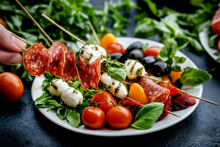 Fresh vegetables, olives, and meats are arranged on a platter, with a hand picking up skewered salami. The vibrant colors enhance the summer atmosphere of the gathering.の素材