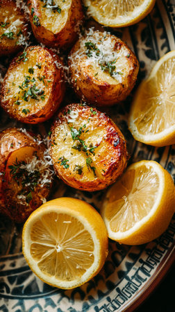 Roasted baby potatoes garnished with fresh herbs and lemon zest are beautifully arranged on a decorative plate. This dish showcases rich flavors and a rustic presentation.の素材