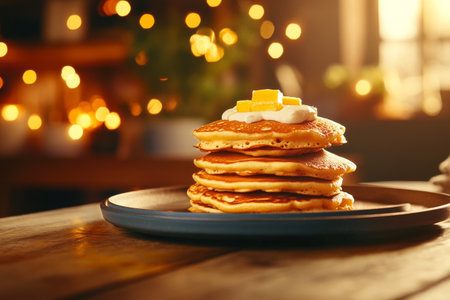 Stack of fluffy pancakes topped with a slice of butter and dollop of whipped cream is presented on a wooden plate. Cozy, rustic kitchen ambiance enhances the inviting feel.の素材