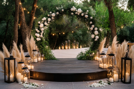 Soft, lush greenery surrounds a beautifully arranged circular floral arch, enhanced by glowing lanterns and candles, creating a magical atmosphere for a romantic wedding ceremony.の素材