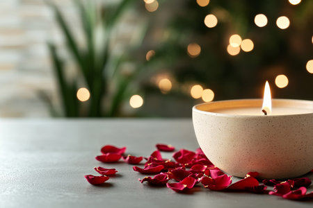A glowing candle rests in a bowl surrounded by scattered rose petals on a table. Soft lights twinkle in the background, creating a cozy and warm atmosphere in the evening.の素材