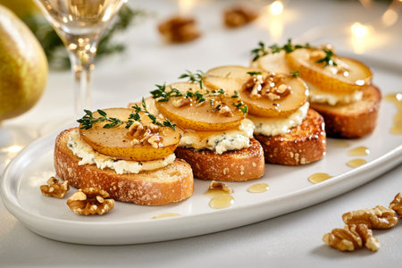 Four toasted bread slices topped with creamy cheese, caramelized pear slices, walnuts, and fresh herbs create a gourmet appetizer perfect for gatherings or special occasions.の素材