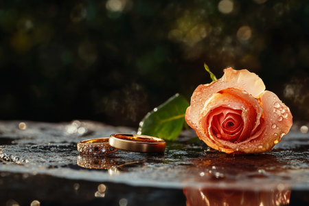 Two wedding rings rest on a wet surface next to a fresh rose covered in droplets. The atmosphere is tranquil and the lighting is soft, enhancing the romantic vibe.の素材