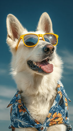 A joyful dog with white fur wears bright yellow sunglasses and a floral shirt while sitting on the beach, soaking up the sun on a clear day with blue skies.の素材