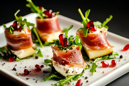 Elegant appetizers feature slices of prosciutto wrapped around creamy cheese and fresh arugula, topped with pomegranate seeds, creating a visually appealing and tasty dish.の素材