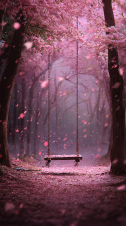 A wooden swing hangs from a tree in a tranquil forest clearing, surrounded by blooming flowers. Sunlight filters through the branches, creating a magical atmosphere.の素材