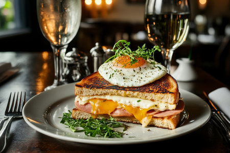 A delicious breakfast sandwich with a sunny-side-up egg, sliced ham, and melted cheese. It is garnished with fresh chives, creating a tempting morning dish.の素材