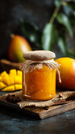 A jar of mango preserve surrounded by spices like star anise and cinnamon, along with a ripe mango on a wooden table, illuminated by soft natural light.の素材