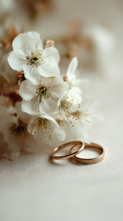 Two elegant wedding rings rest among small white flowers, creating a romantic setting. The soft natural light enhances the beauty of the rings and blossoms beautifully.の素材