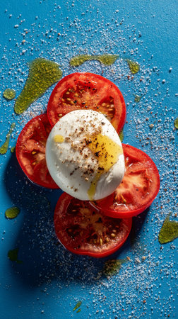 Slices of juicy tomatoes surround a ball of fresh mozzarella topped with cracked pepper and drizzled with olive oil on a vibrant blue surface.の素材