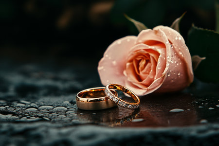 Two golden wedding rings, one adorned with diamonds, rest next to a delicate pink rose on a wet surface, enhanced by raindrops glistening in the light.の素材