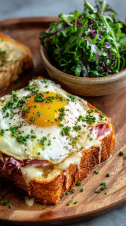 A hearty brunch features toasted bread topped with a perfectly cooked egg and herbs, accompanied by a side of fresh greens, served in a cozy cafe setting.の素材