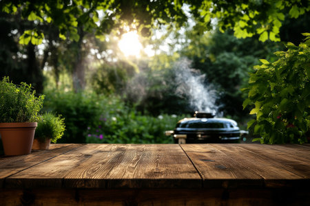 Sunlight streams through lush greenery, illuminating a wooden table in a peaceful garden. A grill emits smoke experience, suggesting a joyful outdoor cooking.の素材