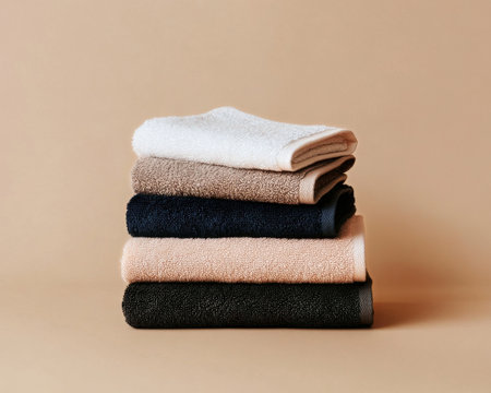 Four towels in soft shades of navy, pink, beige, and gray are neatly stacked on a warm, neutral surface, creating a calming and organized atmosphere for any bathroom.の素材