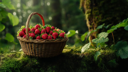 A woven basket filled with ripe strawberries rests on a mossy log in a vibrant forest. Sunlight filters through leaves, creating a serene atmosphere during late afternoon.の素材