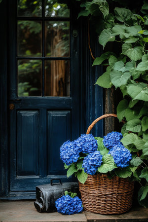 A wicker basket filled with vibrant blue hydrangeas sits beside a dark blue door adorned with greenery. This cozy entryway creates a welcoming atmosphere for visitors.の素材