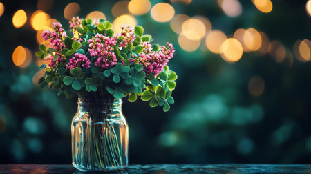 A glass jar holds vibrant flowers and green clovers placed on a wooden table, illuminated by soft, blurred lights in the background during a serene nighttime atmosphere.の素材
