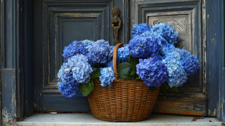 A woven basket holds vibrant blue hydrangeas placed in front of a rustic door. The flowers create a beautiful contrast with the weathered wooden surface, showing natural beauty.の素材