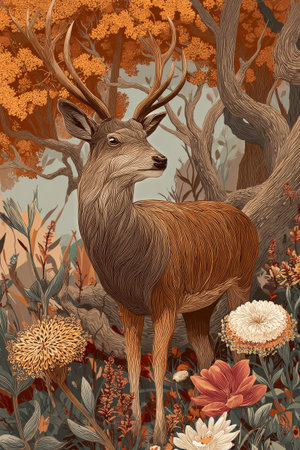 A stately stag with large antlers stands amidst a colorful display of autumn flowers in a serene forest. The warm hues of fall surround him, creating a peaceful atmosphere.の素材
