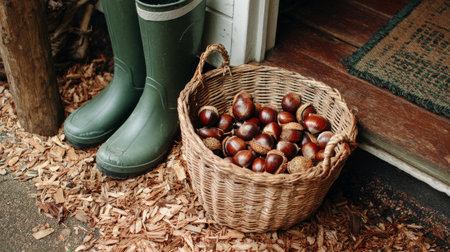 A woven basket filled with chestnuts rests beside green rubber boots on a wooden porch. The area is adorned with wood shavings, hinting at autumn harvesting activities.の素材