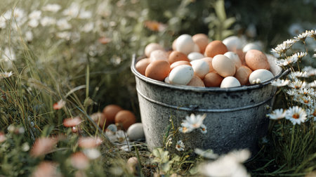 A rustic bucket filled with freshly gathered eggs sits amidst vibrant wildflowers and lush green grass, creating a peaceful countryside atmosphere under natural light.の素材