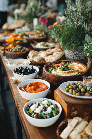 A beautiful assortment of colorful Mediterranean dishes displayed on a wooden table at an outdoor event during daylight. Guests enjoy the fresh flavors and aromatic herbs.の素材
