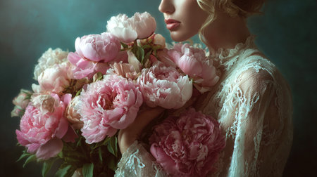 A woman dressed in an elegant lace outfit gently cradles a large bouquet of pink peonies. The soft lighting enhances the romantic atmosphere of the moment.の素材