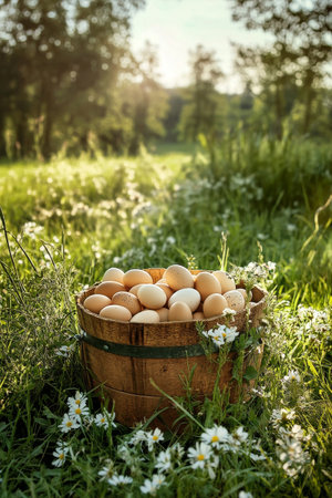 A rustic wooden basket filled with freshly collected eggs rests on a vibrant green meadow, adorned with wildflowers under the warm glow of the afternoon sun.の素材