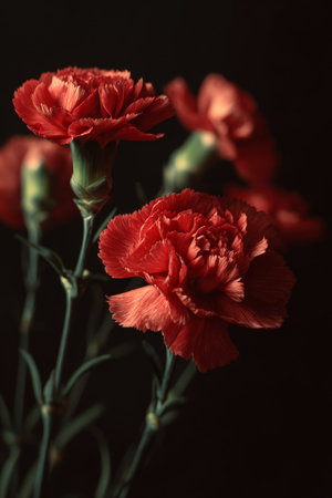 Bright red carnations bloom with striking detail, showing their layered petals. They stand tall against a contrasting dark background, highlighting their vivid color and elegance.の素材