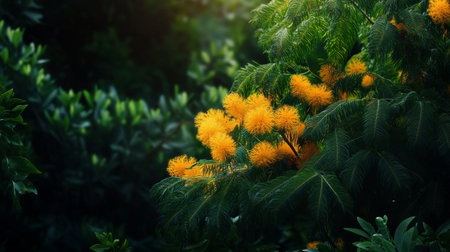 Lush green foliage surrounds vibrant yellow flowers, showing natures beauty in a tranquil garden. Sunlight highlights the cheerful blossoms in the afternoon.の素材