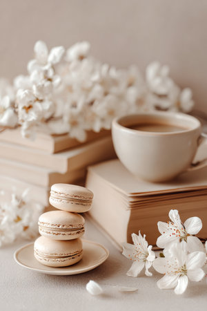 Three delicate macarons are placed on a small plate beside a cup of coffee, with blooming white flowers and vintage books creating a serene, cozy atmosphere.の素材