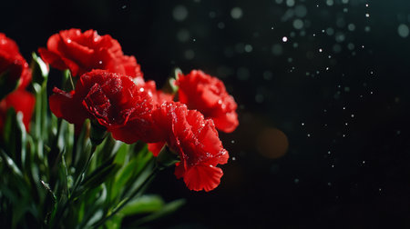 Red flowers stand tall in a garden, glistening with raindrops as gentle sunlight filters through the clouds, creating a beautiful display of natures colors and textures.の素材