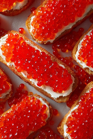 Slices of bread are generously topped with a creamy spread and vibrant red caviar, creating a visually appealing dish perfect for appetizers or snacks.の素材
