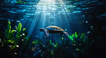 A sea turtle swims serenely in vibrant underwater scenery illuminated by sun rays. Lush green plants surround it in a peaceful marine habitat during midday.の素材