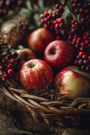 A wicker basket holds freshly picked apples and assorted dark berries, showing vibrant colors and natural textures, placed on a rustic fabric background.の素材