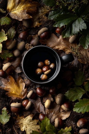 A rustic cup filled with acorns and chestnuts rests among fallen leaves and nuts on the forest floor during autumn, showing the seasonal bounty of nature.の素材