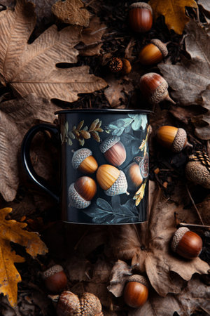 A black mug sits among colorful autumn leaves, filled with various acorns. The arrangement showcases the beauty of fall foliage and natures bounty on a wooden surface.の素材