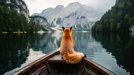 A fox rests on a wooden boat, gazing at a serene lake surrounded by towering mountains and lush trees. The calm waters reflect the stunning natural beauty of the landscape.の素材