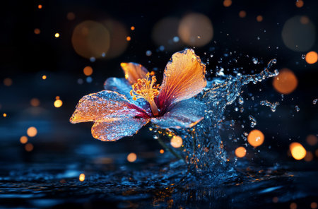 A vibrant flower in blue and orange colors emerges from water, surrounded by droplets that glisten. The scene is illuminated by soft, blurred lights in the background during nighttime.の素材