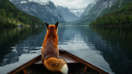 A fox rests on the edge of a wooden boat, gazing at the peaceful mountain lake surrounded by lush greenery and distant snow-capped peaks under a cloudy sky.の素材