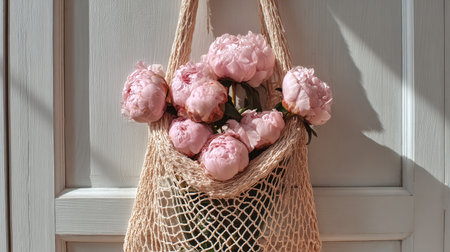 Soft pink peonies are arranged in a natural woven bag, creating an elegant display against a light wooden door. Sunlight casts gentle shadows, enhancing the colors.の素材