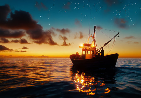 A fishing boat navigates tranquil waters during sunset, reflecting warm colors. Stars begin to twinkle above, creating a peaceful, serene atmosphere for the solitary fisherman.の素材